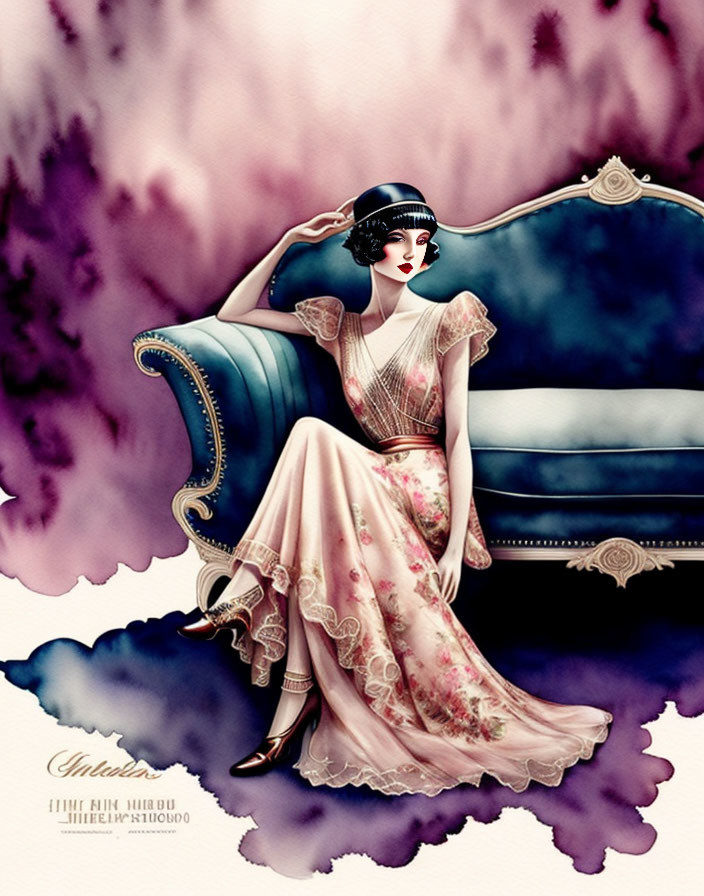 1920s Flapper Woman Art on Luxurious Chaise Lounge