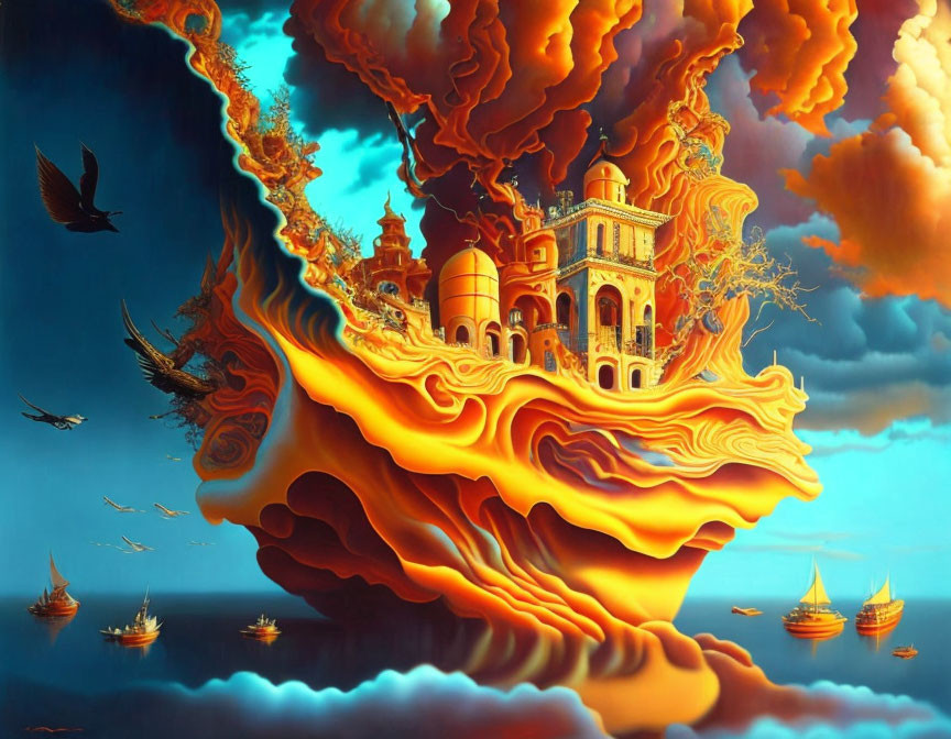 Surreal artwork: palace on orange waves, birds, ships, blue sky