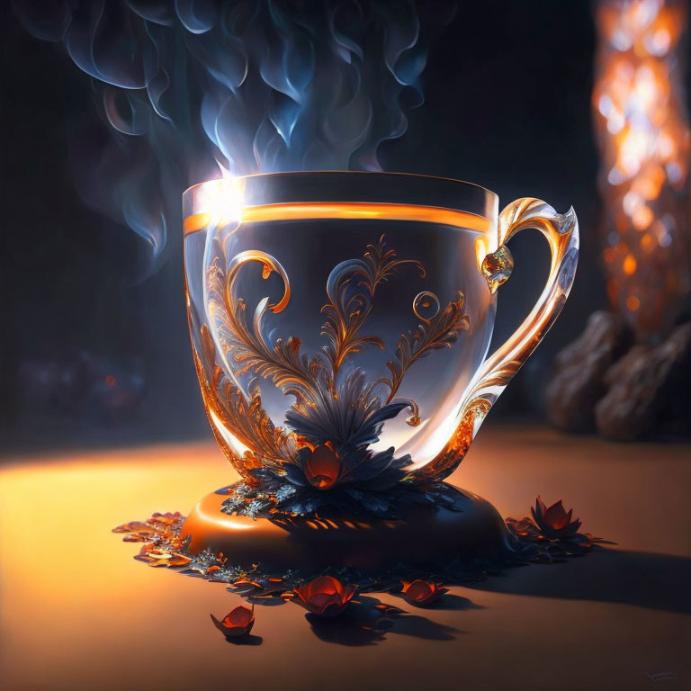 Golden ornate cup on dark background with steam: Magical ambiance