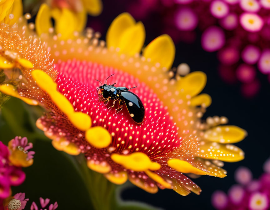 Close-up of ladybug on yellow and red daisy center with pink and purple flowers.