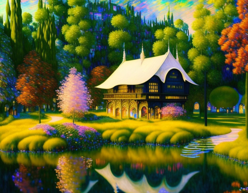 Whimsical cottage by reflective lake in vibrant digital painting