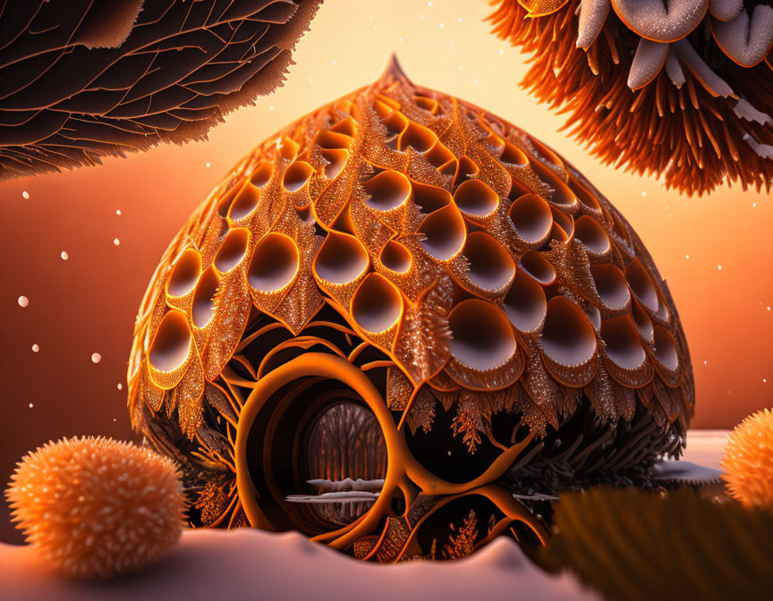 Fantasy landscape with fractal-shaped pod structure and spherical flora under orange sky.