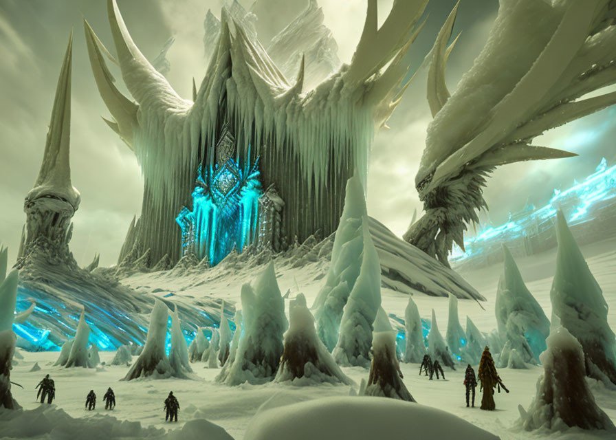 Mystical icy landscape with towering spires and glowing blue crystals