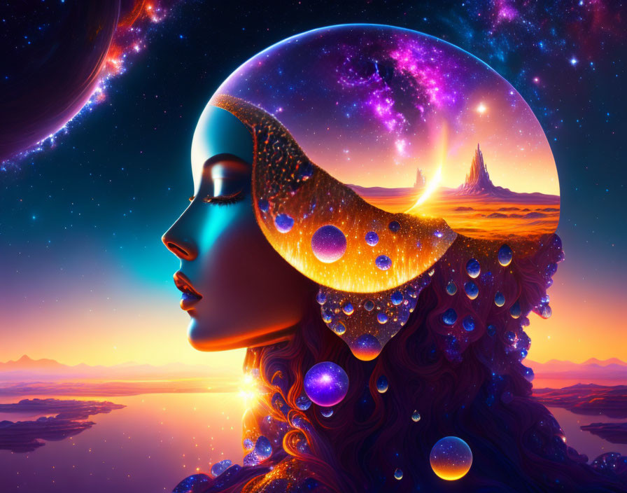 Surreal portrait of woman with cosmic landscape hair and crescent moon.