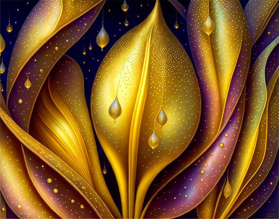 Abstract image: Fluid golden and purple shapes with sparkling points and teardrop accents