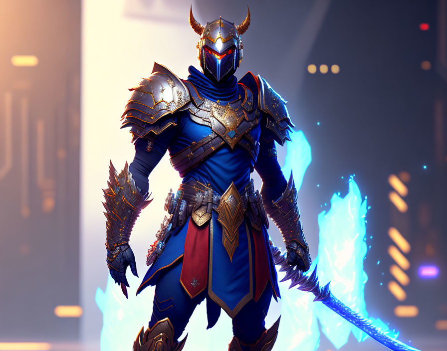 Stylized knight in blue and black armor with glowing orange accents and a sword with blue flame aura