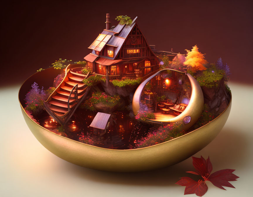 Illustration of illuminated cottage on golden sphere with spiral staircase and fireplace room