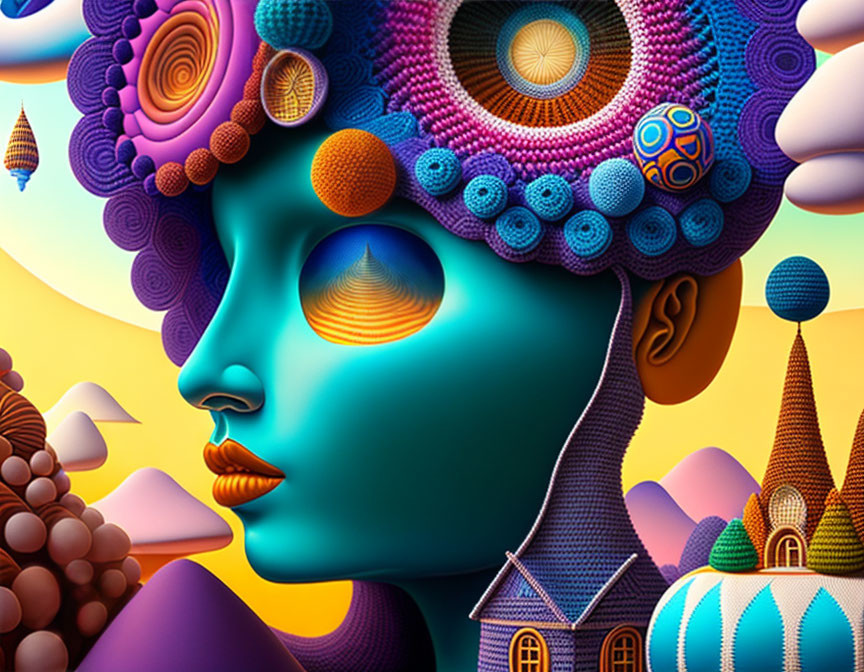 Colorful Stylized Face Profile with Intricate Patterns & Fantastical Architecture