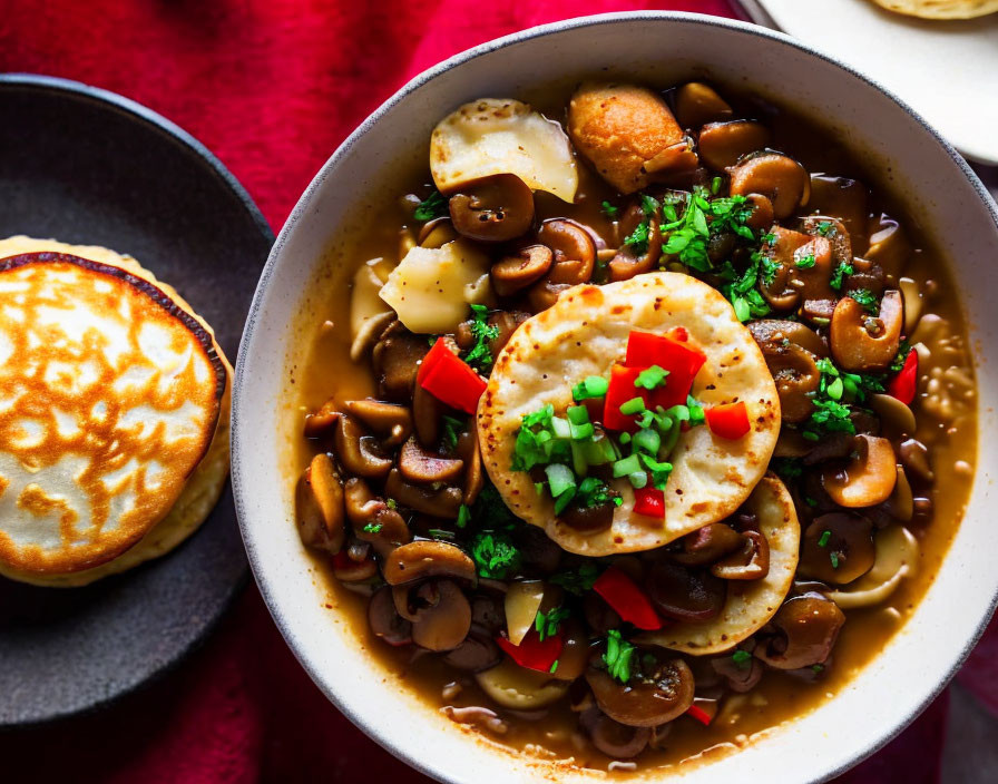 Hearty stew with mushrooms, potatoes, herbs, and bread on red cloth