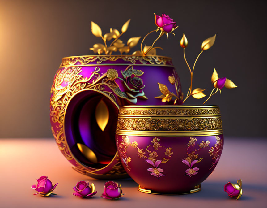 Golden and Purple Vase with Intricate Patterns and Blooming Roses