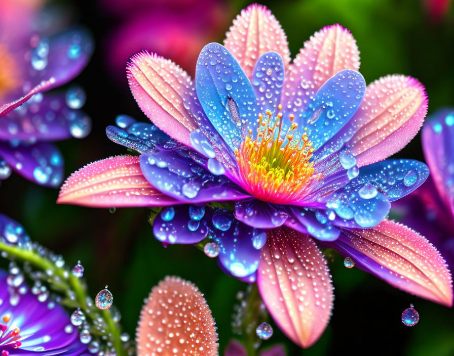 Vibrant purple and pink flower with water droplets on petals against green foliage.