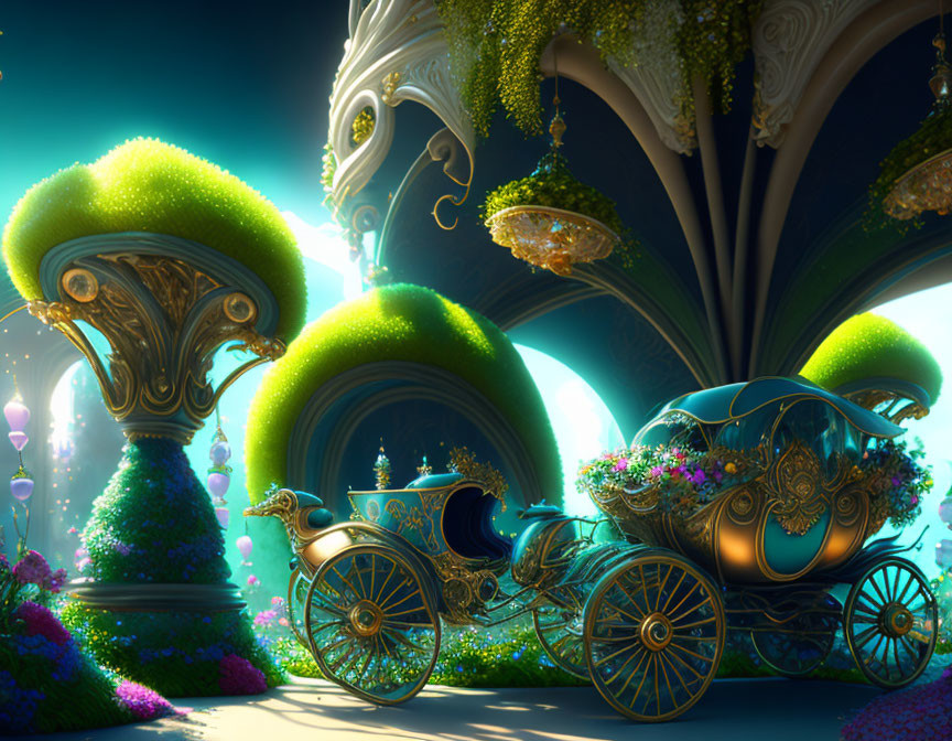 Ornate fantastical carriage in vibrant magical landscape