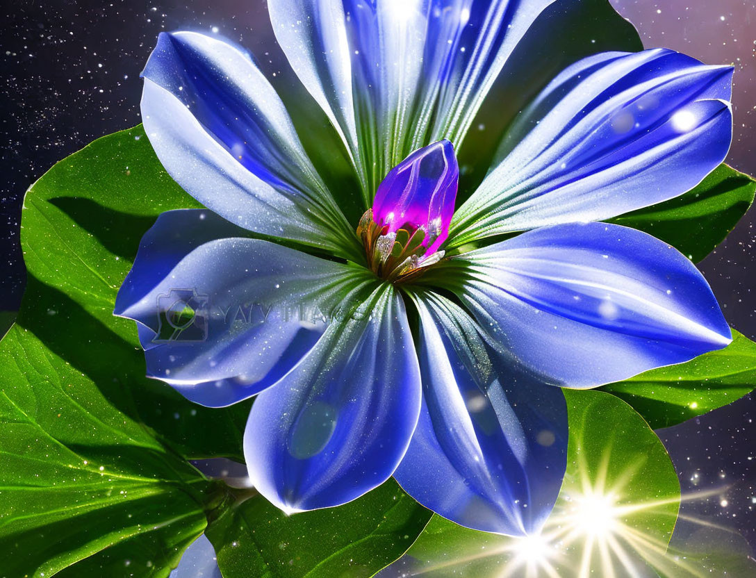 Vibrant Blue Flower with Glossy Petals in Celestial Setting