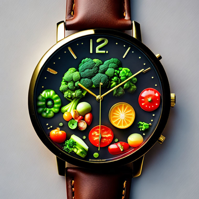 Colorful Vegetable and Fruit-themed Black Face Wristwatch on Grey Background