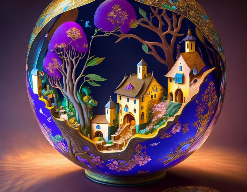 Intricately Carved Spherical Sculpture of Whimsical Village