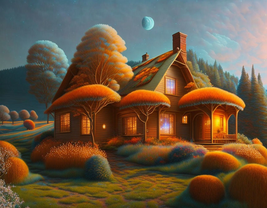 Twilight cottage surrounded by autumn foliage and moonlit sky