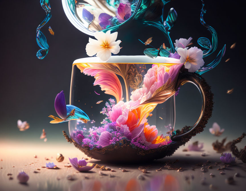 Illustrated cup with vibrant flowers and swirling petals in whimsical scene