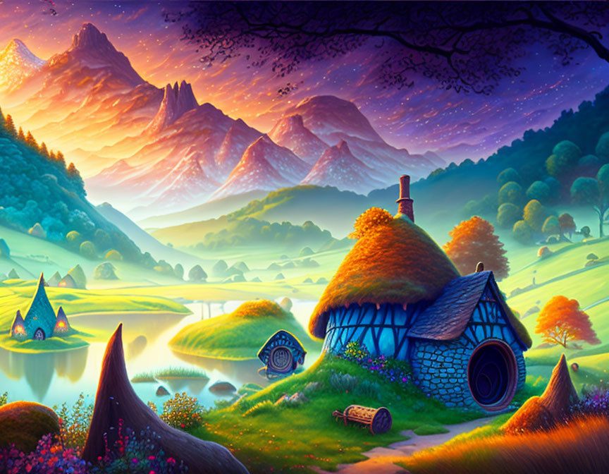 Fantasy landscape with cottage, lakes, trees, mountains at twilight