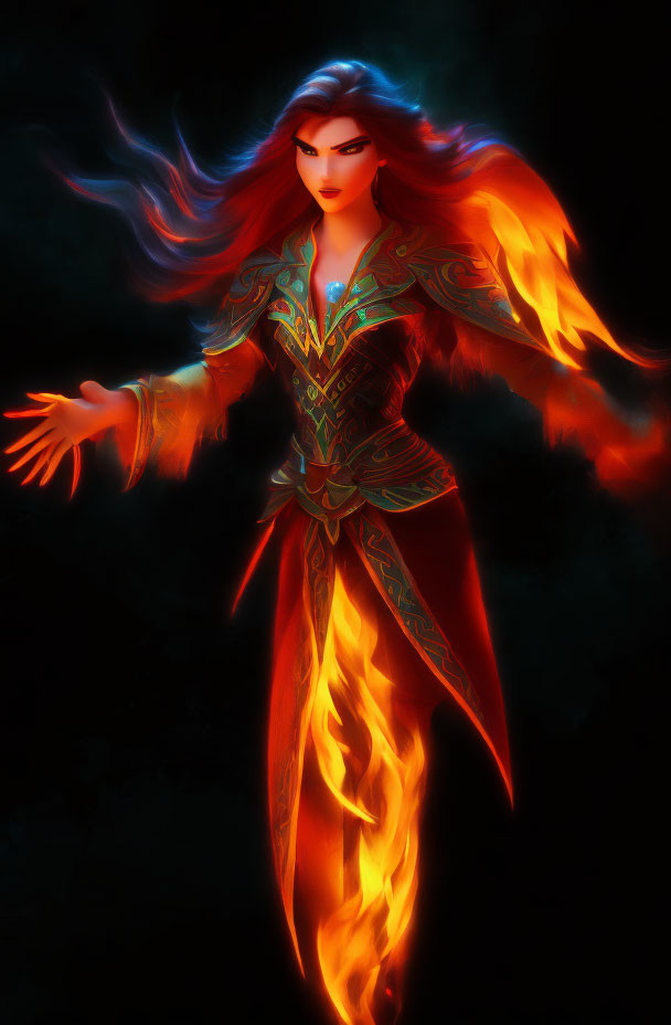 Animated female character with fiery hair and intense eyes in mystical outfit against dark background.