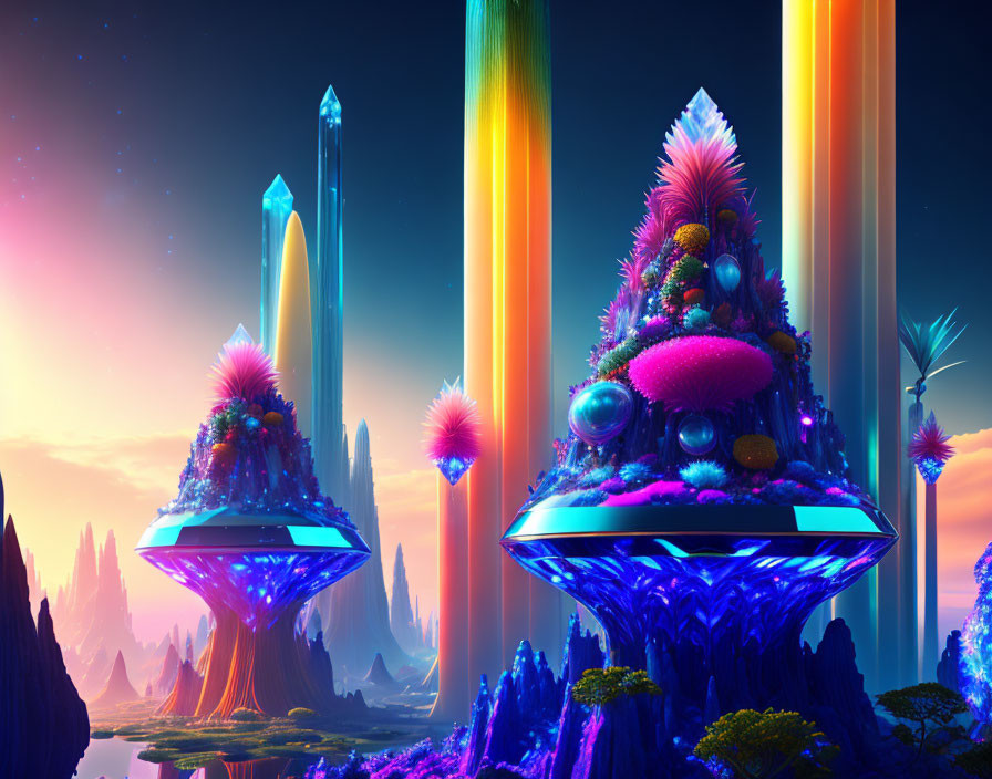 Colorful Surreal Landscape with Floating Islands and Crystal Formations