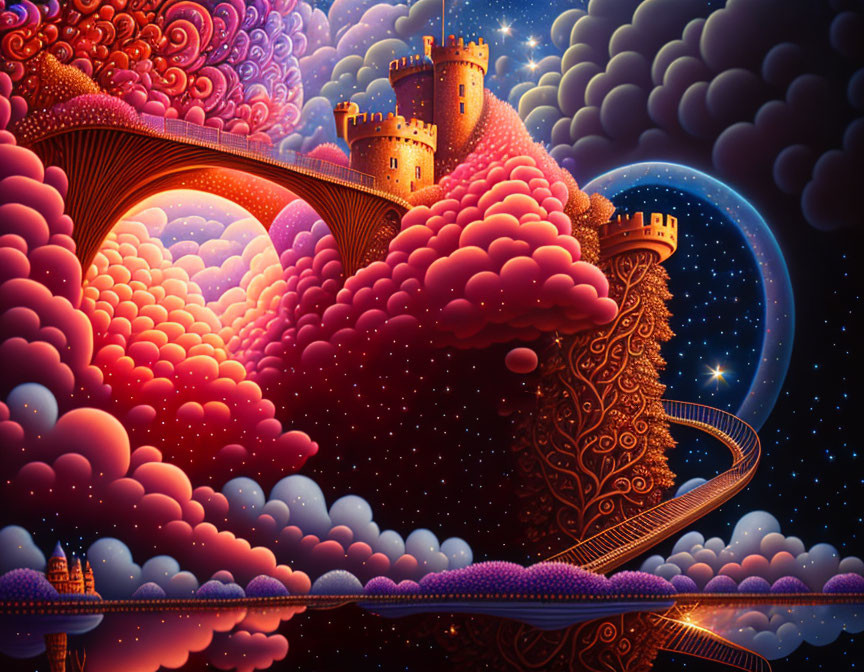 Castle on Pink Clouds Bridge in Starry Fantasy Landscape