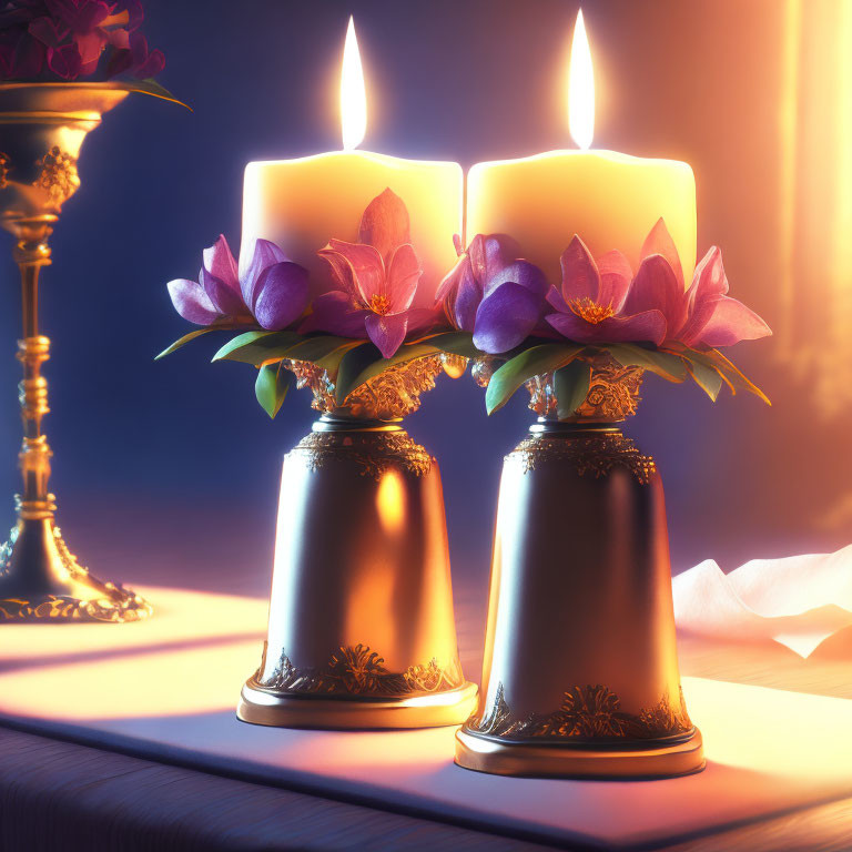 Ornate candle holders with purple flowers on table