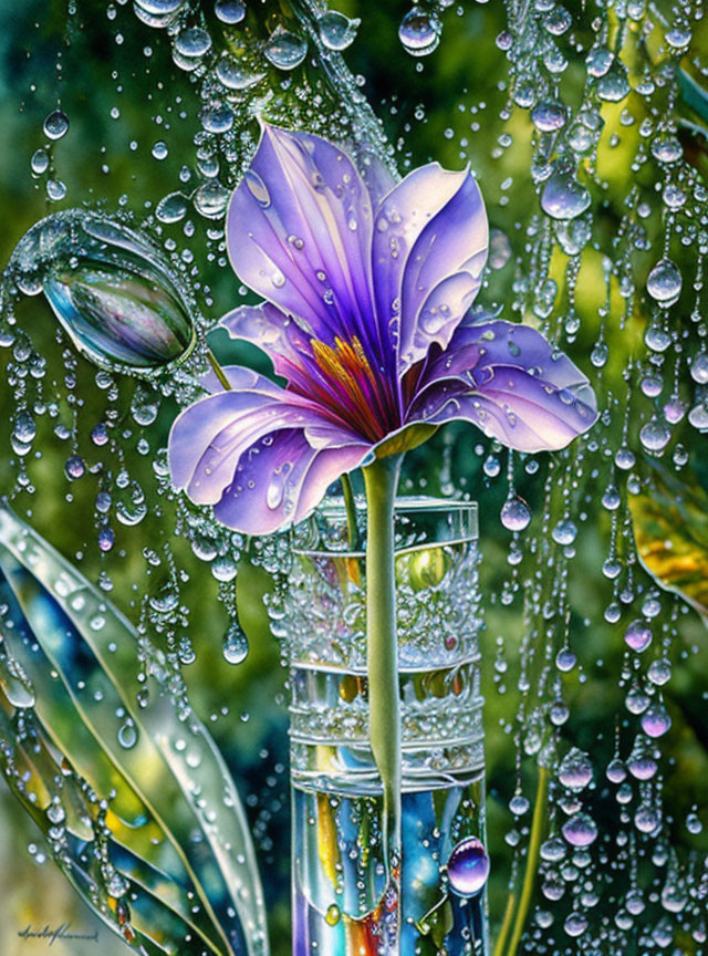 Purple flower with water droplets in lush greenery scenery