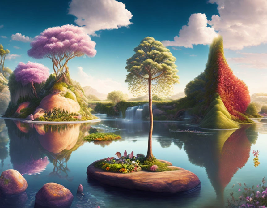 Vibrant fantasy landscape with colorful trees, calm lake, waterfalls, and blue sky