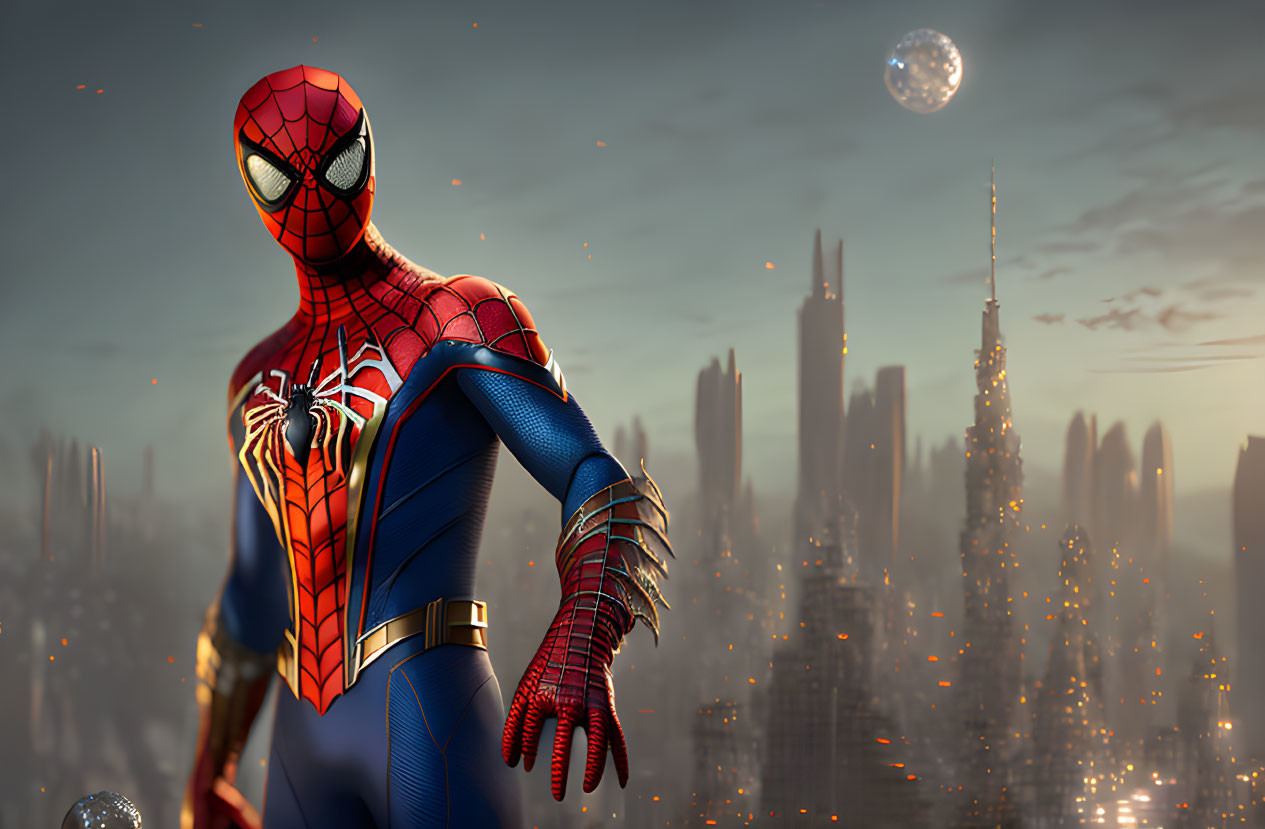 Person in Spider-Man Costume with Cityscape Background and Glowing Orbs