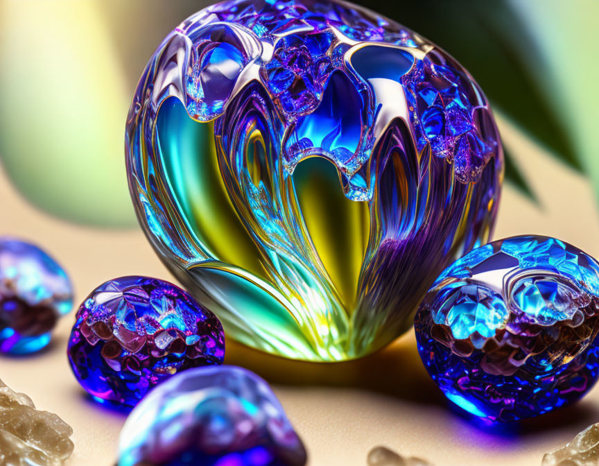 Large iridescent glass sphere with intricate patterns surrounded by smaller orbs on reflective surface.