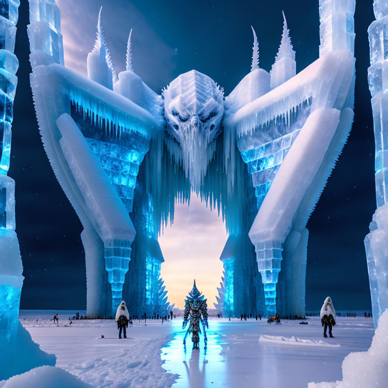 Majestic ice palace with dragon sculptures at twilight