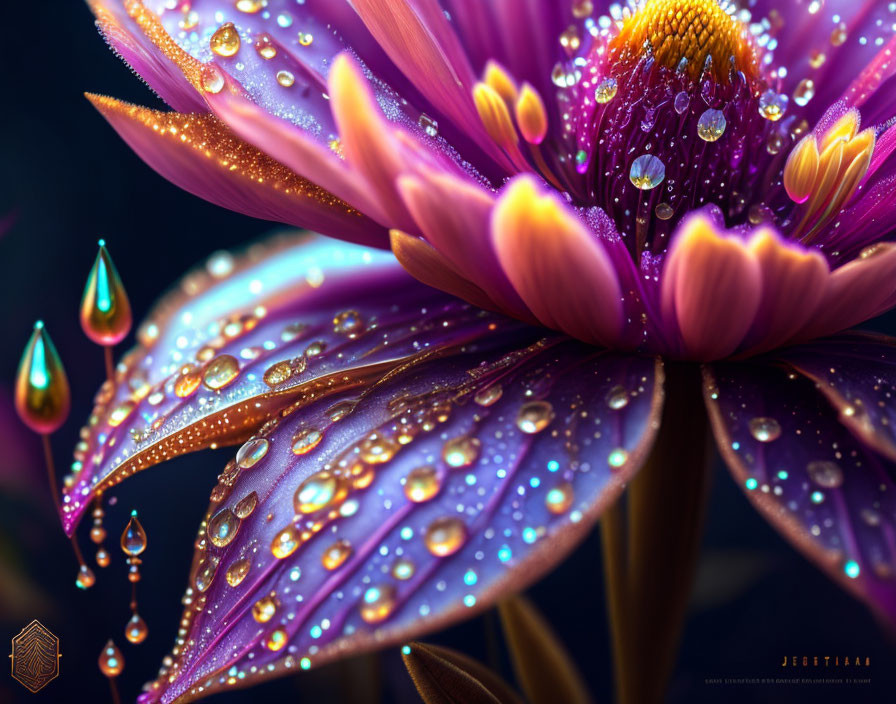 Vibrant purple flower with glistening water droplets on dark background