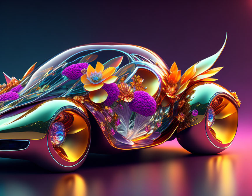 Abstract Car Design with Fluid Lines and Floral Elements in Bright Colors