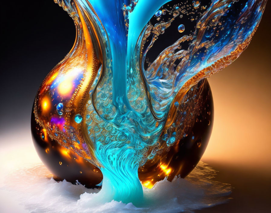 Abstract digital artwork: Fluid blue and amber shapes with sparkling orbs on dark gradient.