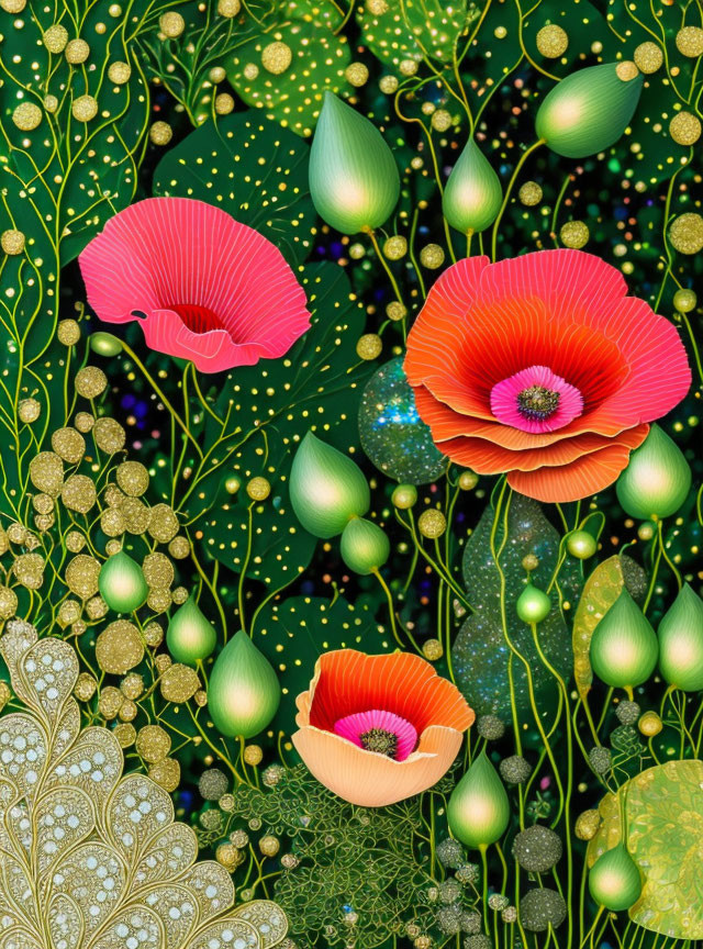 Colorful floral artwork featuring red poppies, green buds, and golden ornamental designs on a dark