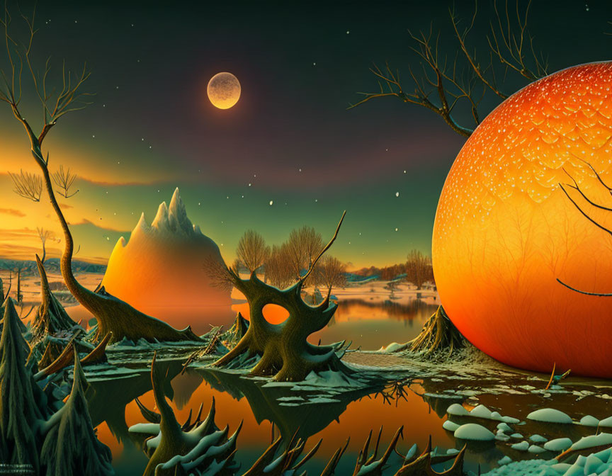 Surreal landscape with giant orange fruit, barren trees, snowy ground, mountain, full moon.