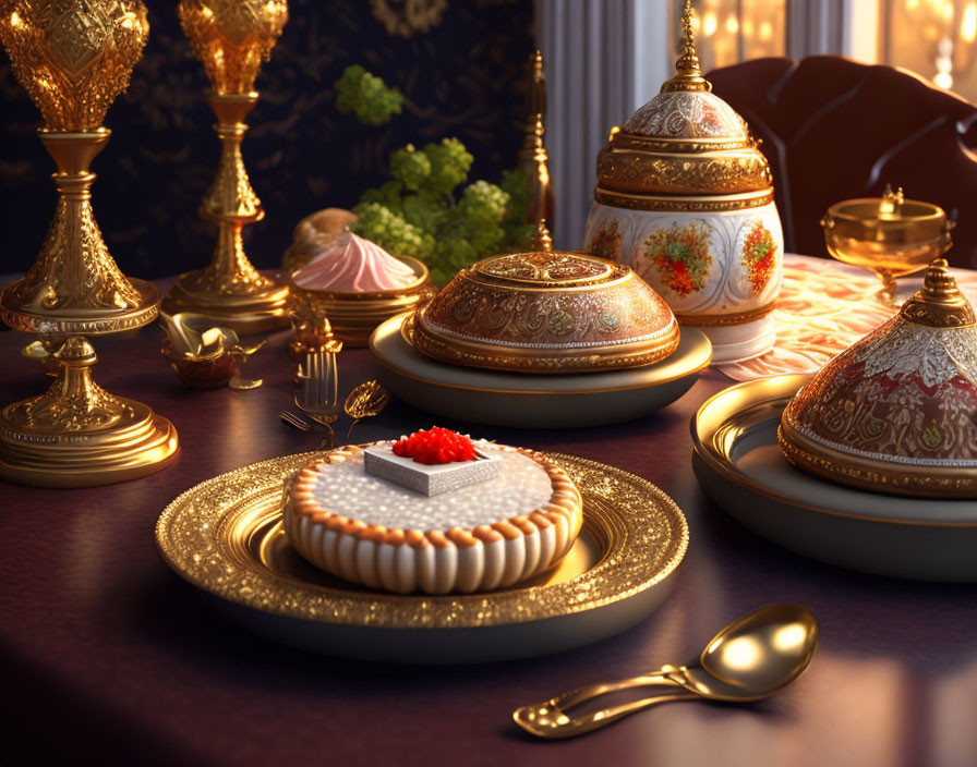 Opulent dessert setting with golden dishes, tart topped with cream, red garnish, and luxurious decor