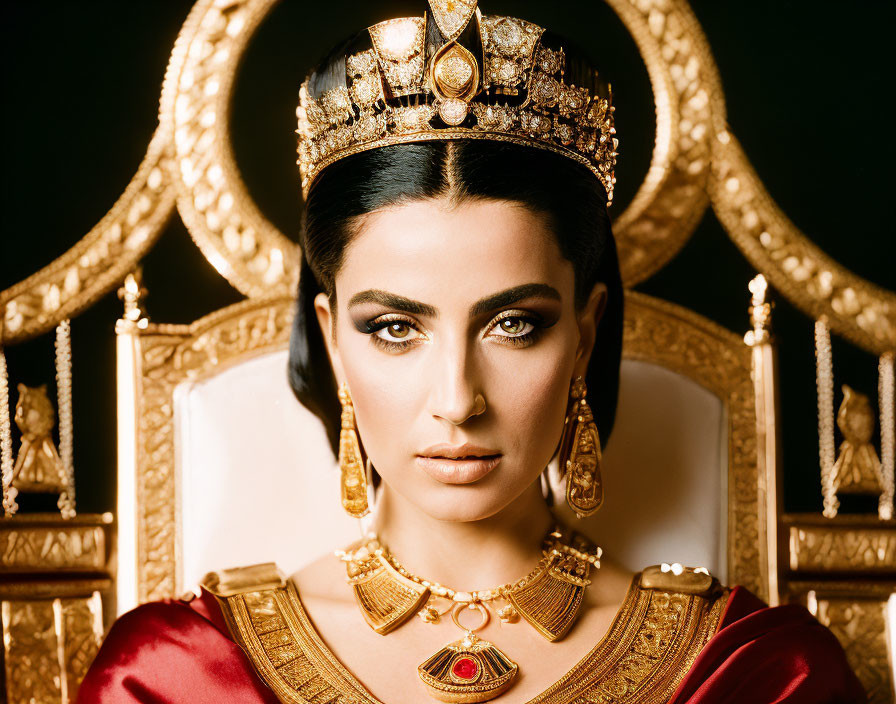 Regal woman with crown and ornate jewelry on throne