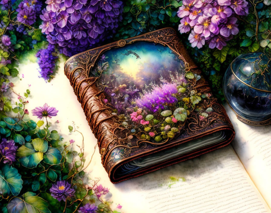 Vintage Book with Magical Forest Scene and Hydrangeas Cover