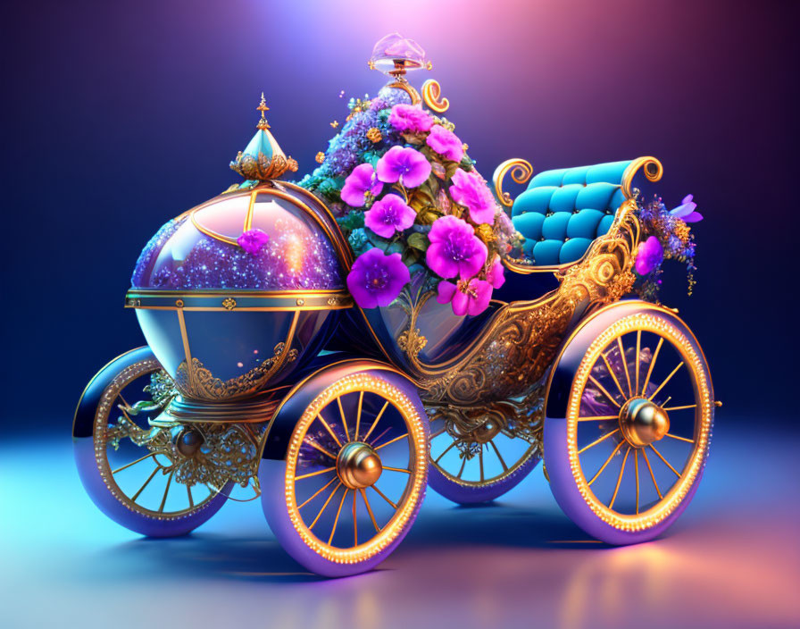 Ornate Carriage with Flowers and Golden Embellishments on Magical Purple and Blue Background