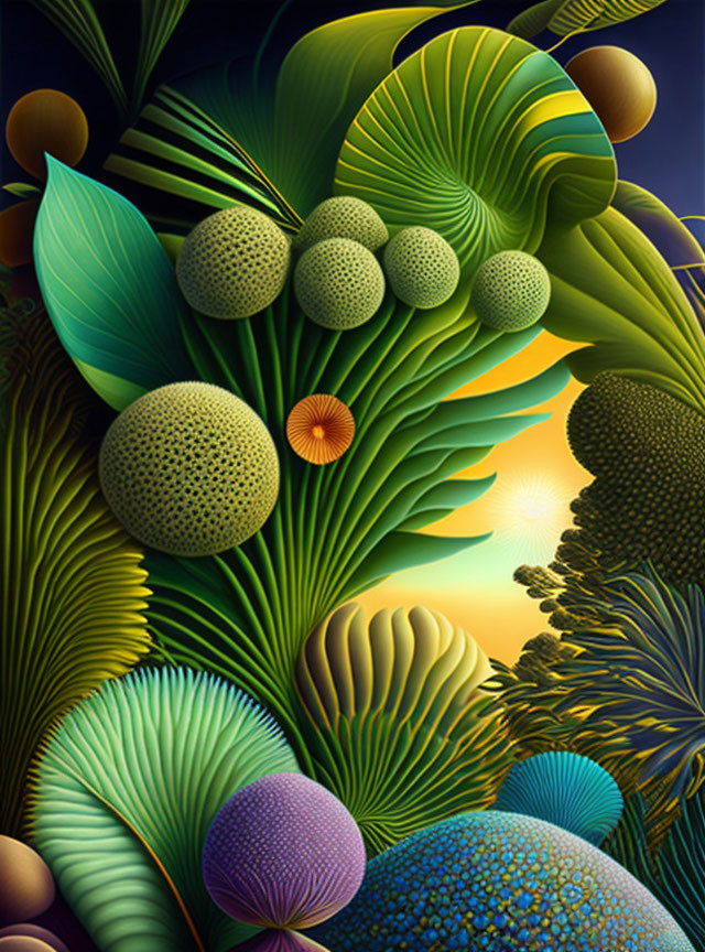 Colorful surreal artwork: exotic green plants against amber sky