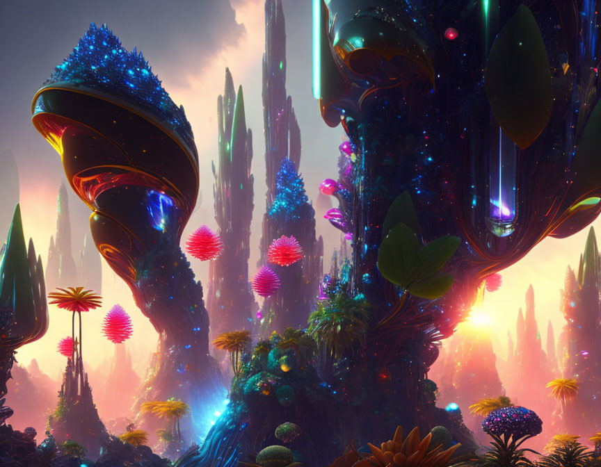 Vibrant alien landscape with luminescent flora and floating islands