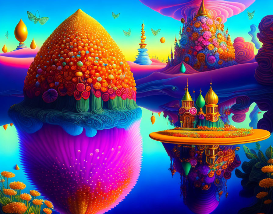 Fantasy landscape with whimsical structures and floating islands