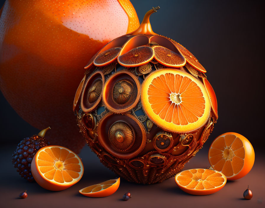 Digital artwork showcasing oranges as mechanical spheres with citrus slices and gears.