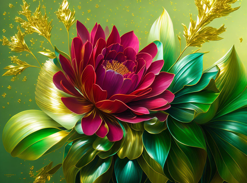 Detailed digital illustration of a large red bloom with intricate petals and green & gold foliage on a green backdrop