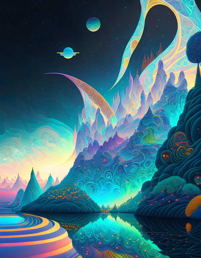 Colorful Psychedelic Landscape with Swirling Patterns and Planetary Sky