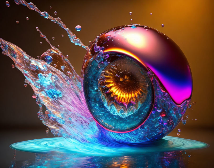 Vivid glass sphere with water splash on warm background