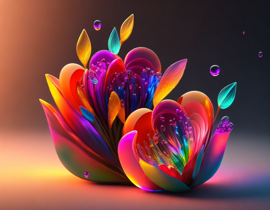 Colorful Abstract Flower Artwork with Glossy Petals and Bubbles