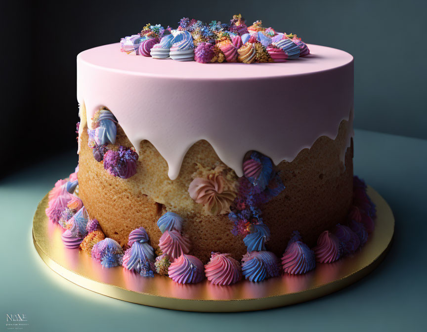 Pink Fondant Cake with Dripping Icing and Colorful Piped Frosting