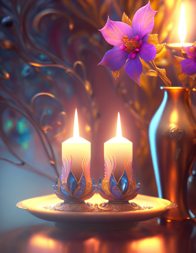 Ornate stand with two lit candles, purple flower, and warm glow